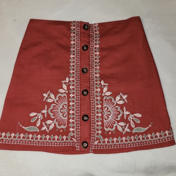 NWT* Blue Rain* Embroidered Skirt* Button Front* Rayon/Linen Blend* Rust* Sz M - Picture 1 of 7